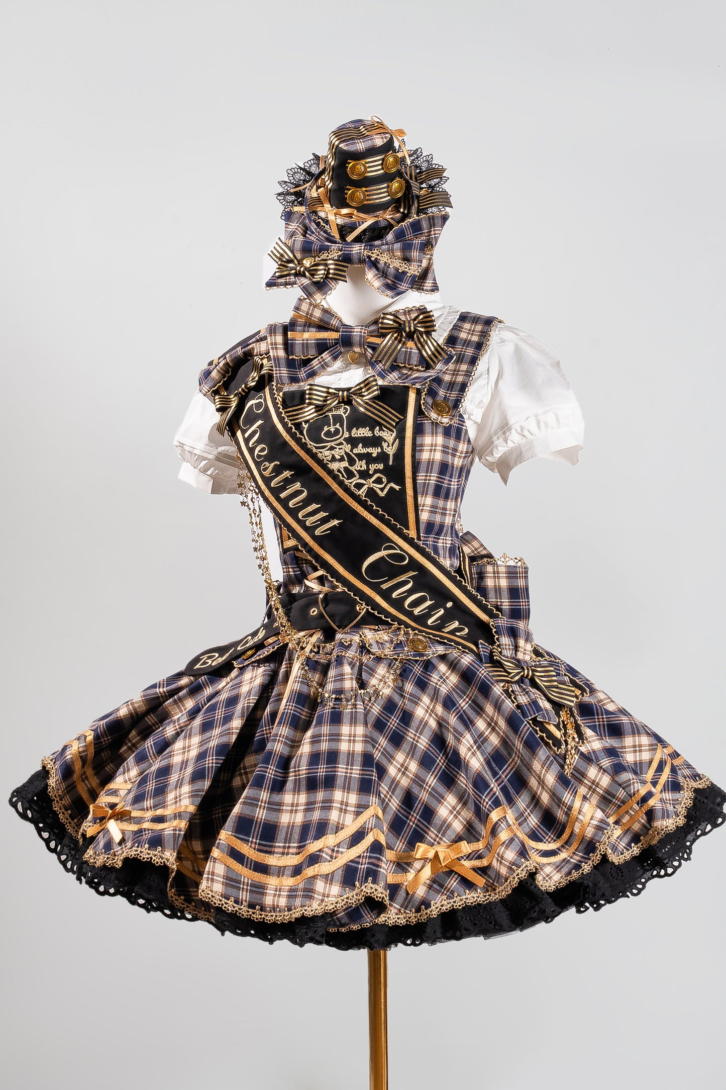 [Vorbestellung bis 18. Juli] Blau/Rot/Grün Idol-Lolita-Vintage-Karo-Goldbär-Schleifen-Spitzen-JKS-Kleid-Set 1/2/3 + Halsschleife