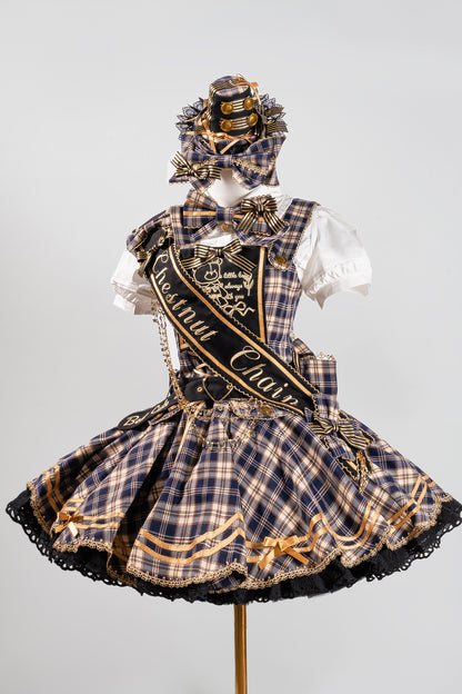 [Vorbestellung bis 18. Juli] Blau/Rot/Grün Idol-Lolita-Vintage-Karo-Goldbär-Schleifen-Spitzen-JKS-Kleid-Set 1/2/3 + Halsschleife