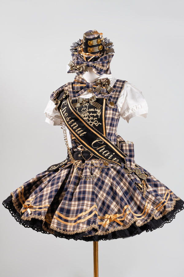 [Pre-order Deadline: July 18] Blue/Red/Green Idol Lolita Vintage Plaid Gold Bear Ribbon Lace JKS Dress Set 1/2/3 + Neck Ribbon