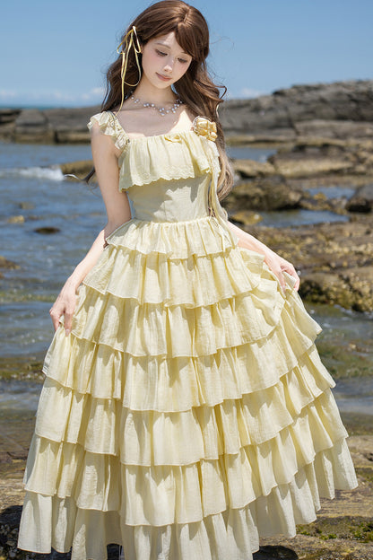 Seven-Layer Ruffle Square Neck Dress, Hair Accessory and Jacket Set-Up