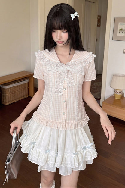 Loose Peach Textured Plaid Doll Shirt And Lace Dress Set-Up