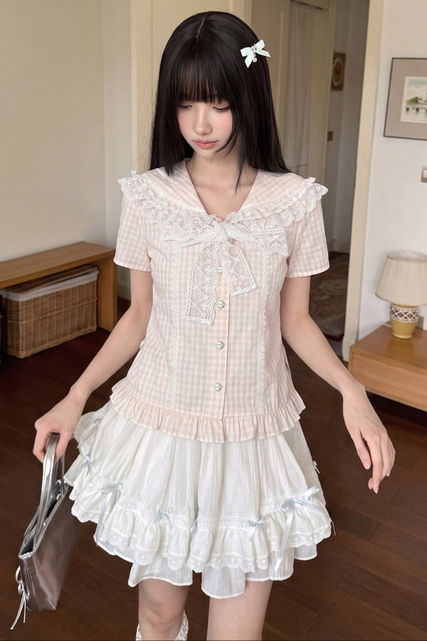 Loose Peach Textured Plaid Doll Shirt And Lace Dress Set-Up