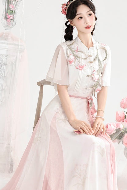 Rosa Hanfu-Hemd-und-Rock-Set mit nebligen Tulpen