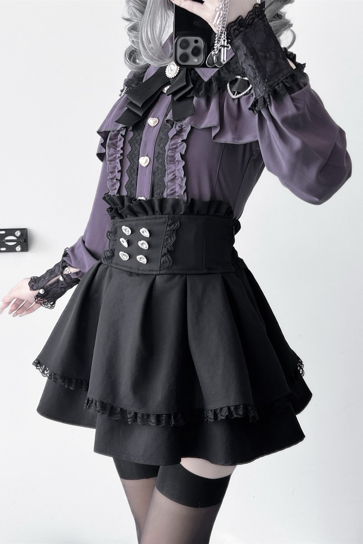 [Pre-order] Cold Shoulder Heart Buckle Long Sleeve Ruffle Lace Blouse with Bow Tie + Lace-Trim Pleated Mini Skirt Set