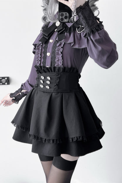 [Pre-order] Cold Shoulder Heart Buckle Long Sleeve Ruffle Lace Blouse with Bow Tie + Lace-Trim Pleated Mini Skirt Set