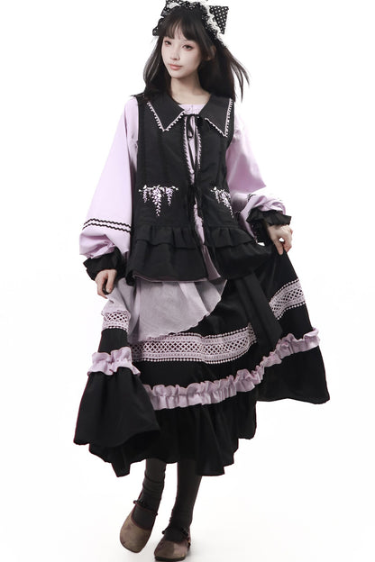 Purple Black Vine Flower Waist-Cinching Vest With Skirt and Jacket Set-Up