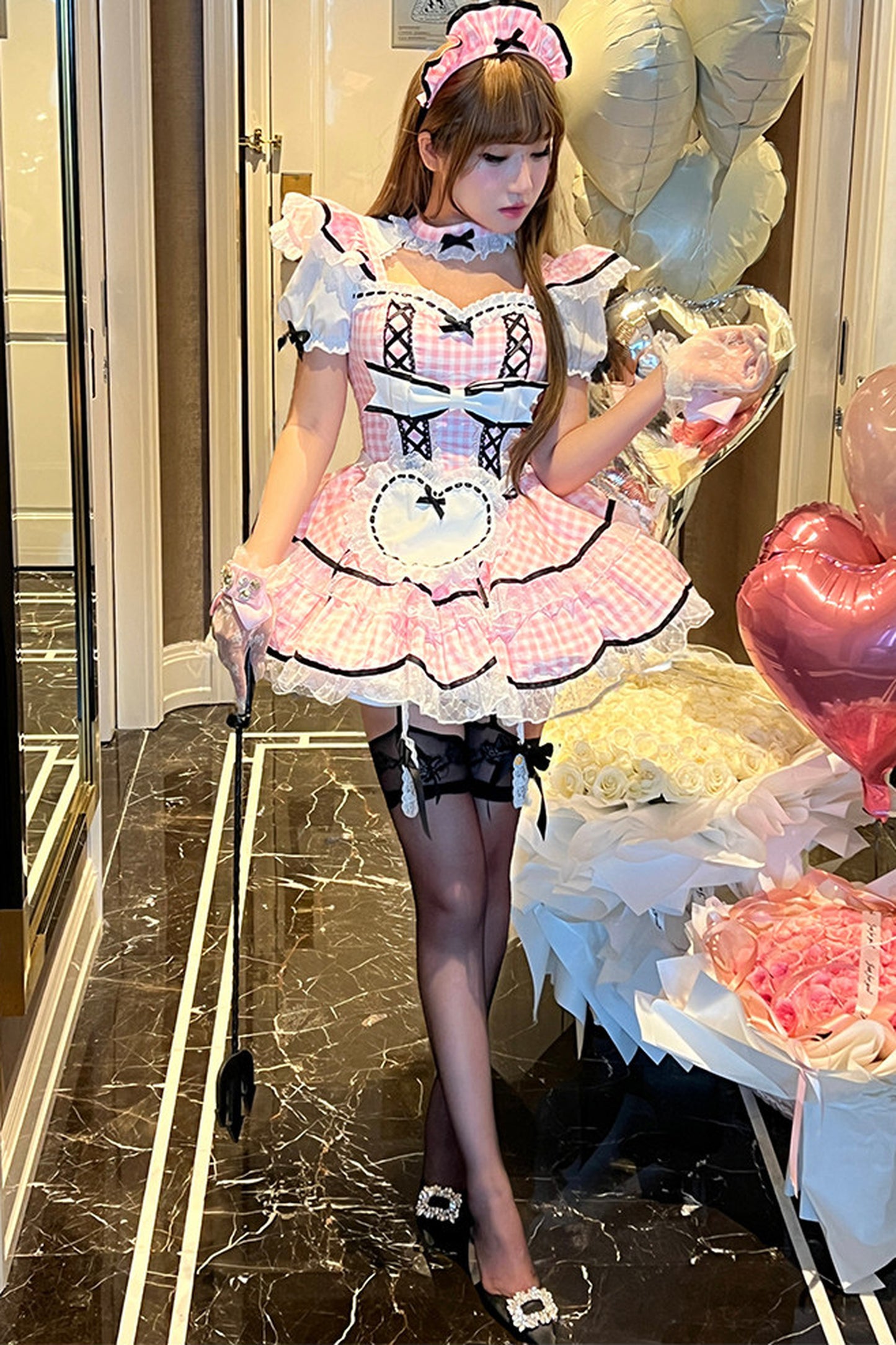 うさみみピンクギンガムメイドドレス