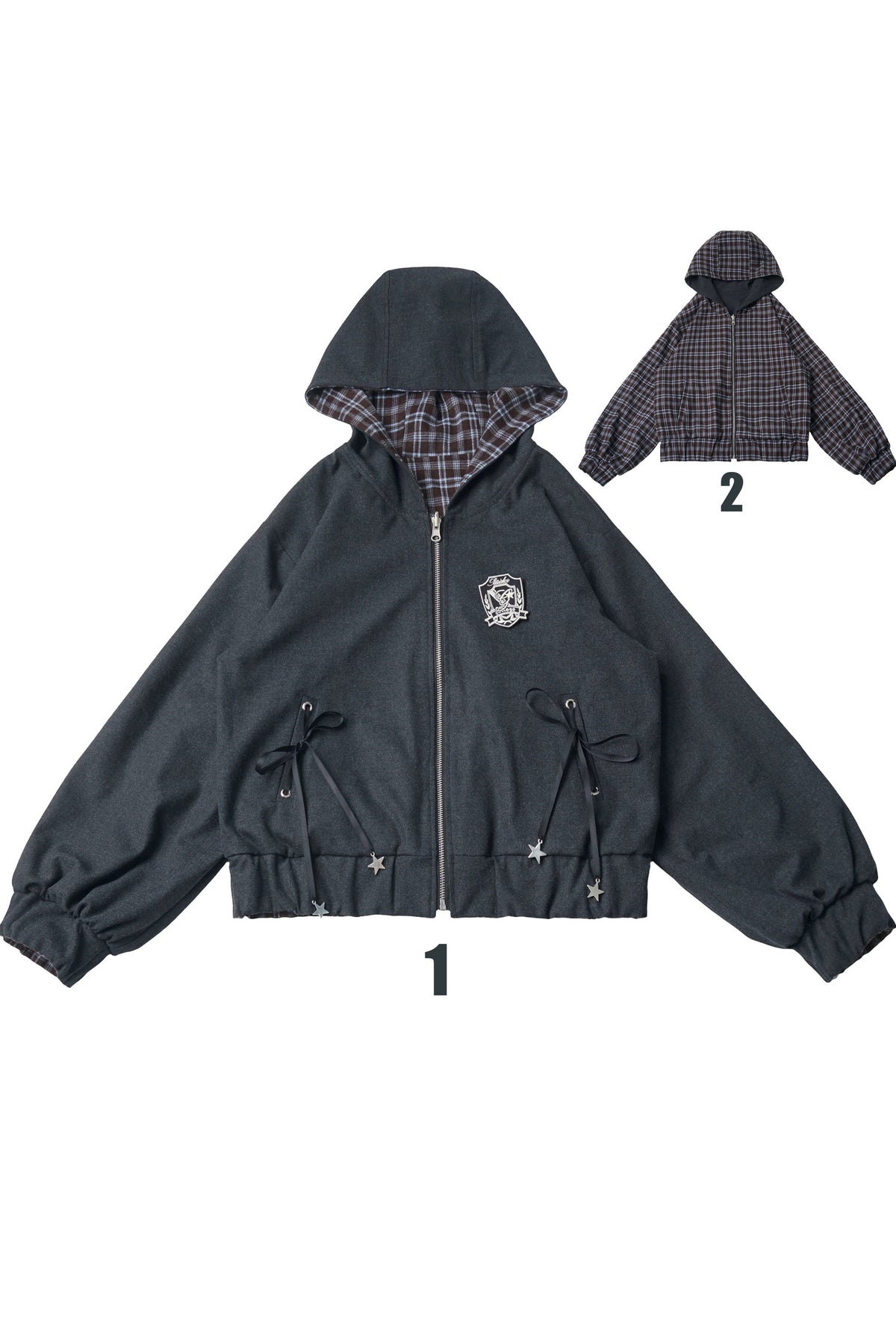 Conjunto de chaqueta reversible de cuadros con camisa y falda