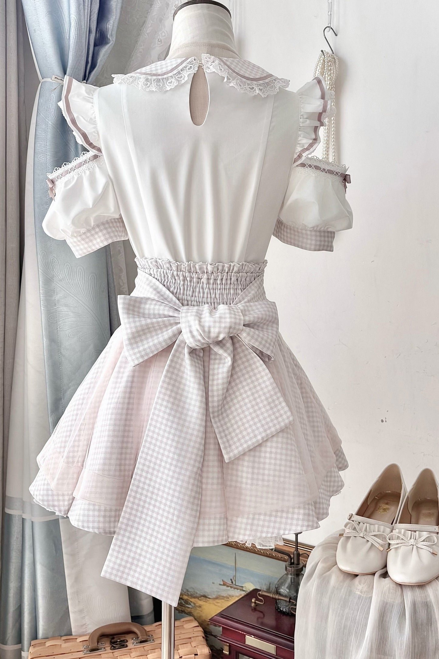 Ensemble haut à volants à carreaux style girly et minijupe à carreaux