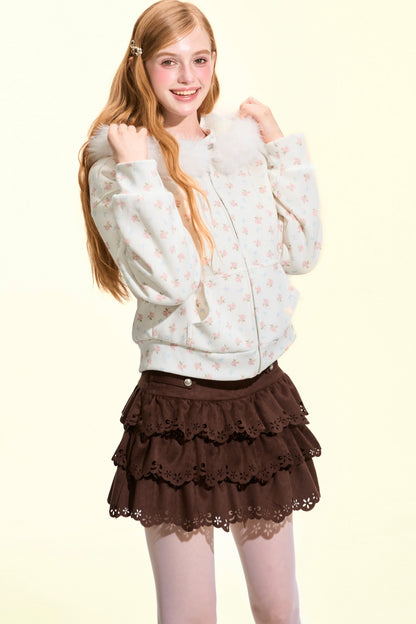 Brown Suede Multi-Layered Ruffle Cake Skirt
