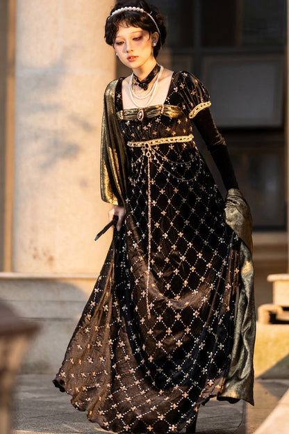 Black Gold Beaded Empire Dress