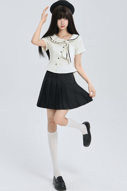 Striped Navy Collar Star Button Blouse