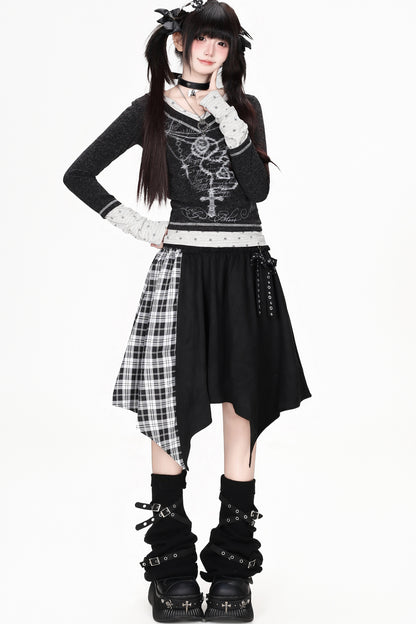 Hoch taillierter asymmetrischer karierter Patchwork-Rock