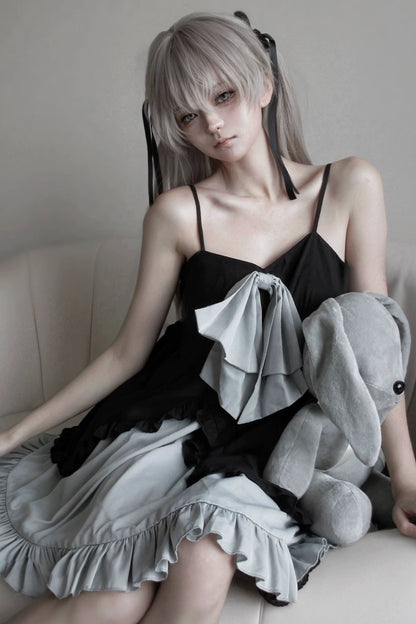 Double-Layer Open-Front Large Bow Suspender Dress