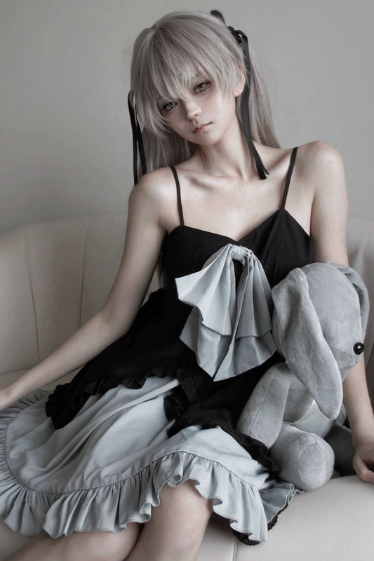 Double-Layer Open-Front Large Bow Suspender Dress