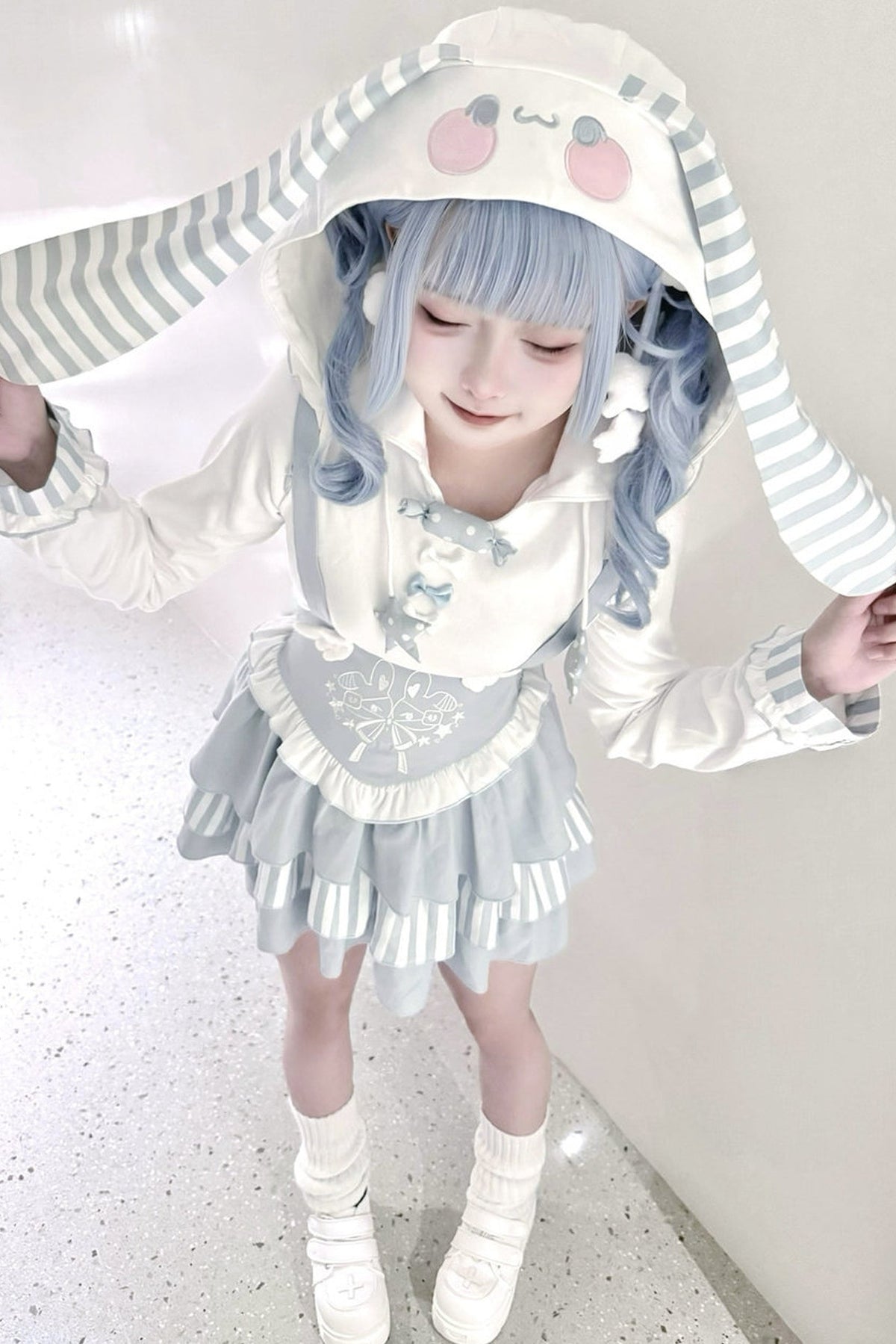 Bunny Ear Hooded Sweatshirt Suspender Skirt With Top Set-Up