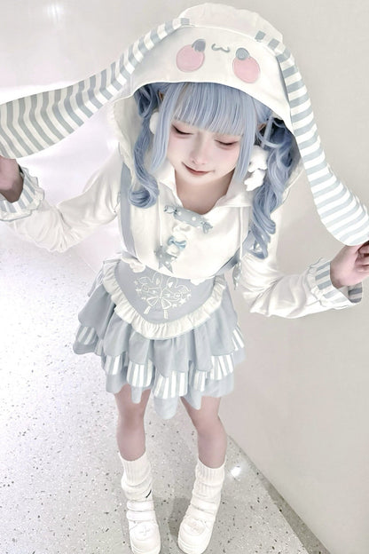 Bunny Ear Hooded Sweatshirt Suspender Skirt With Top Set-Up