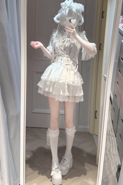 Cherry Short-Sleeved Lace Collar Shirt and Skirt Set-Up