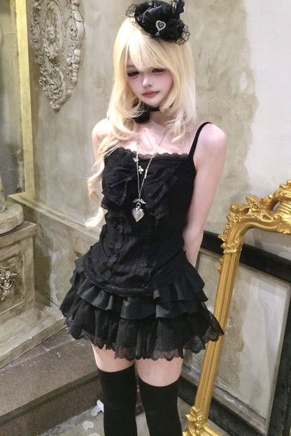 Gothic Black Lace Camisole and Skirt Set