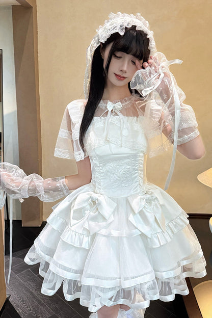 Detachable Shawl Satin Bow Cake Dress