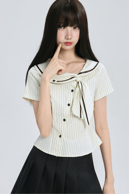 Striped Navy Collar Star Button Blouse