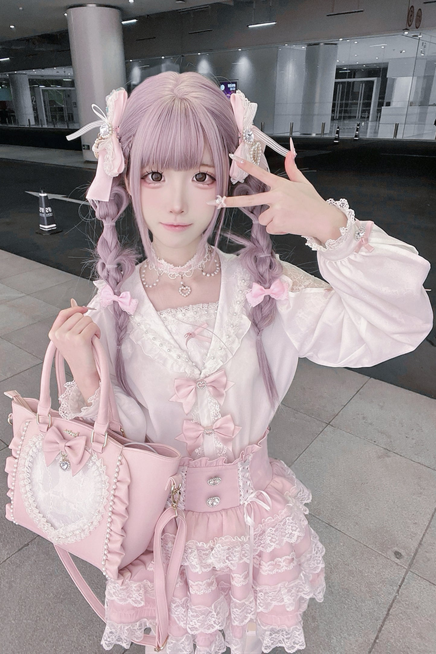 Sailor Collar Long-Sleeve Shirt and Tiered Skirt Set-Up