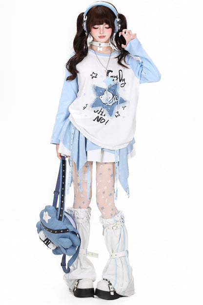 Star Cat Patch Raglan Loose T-Shirt