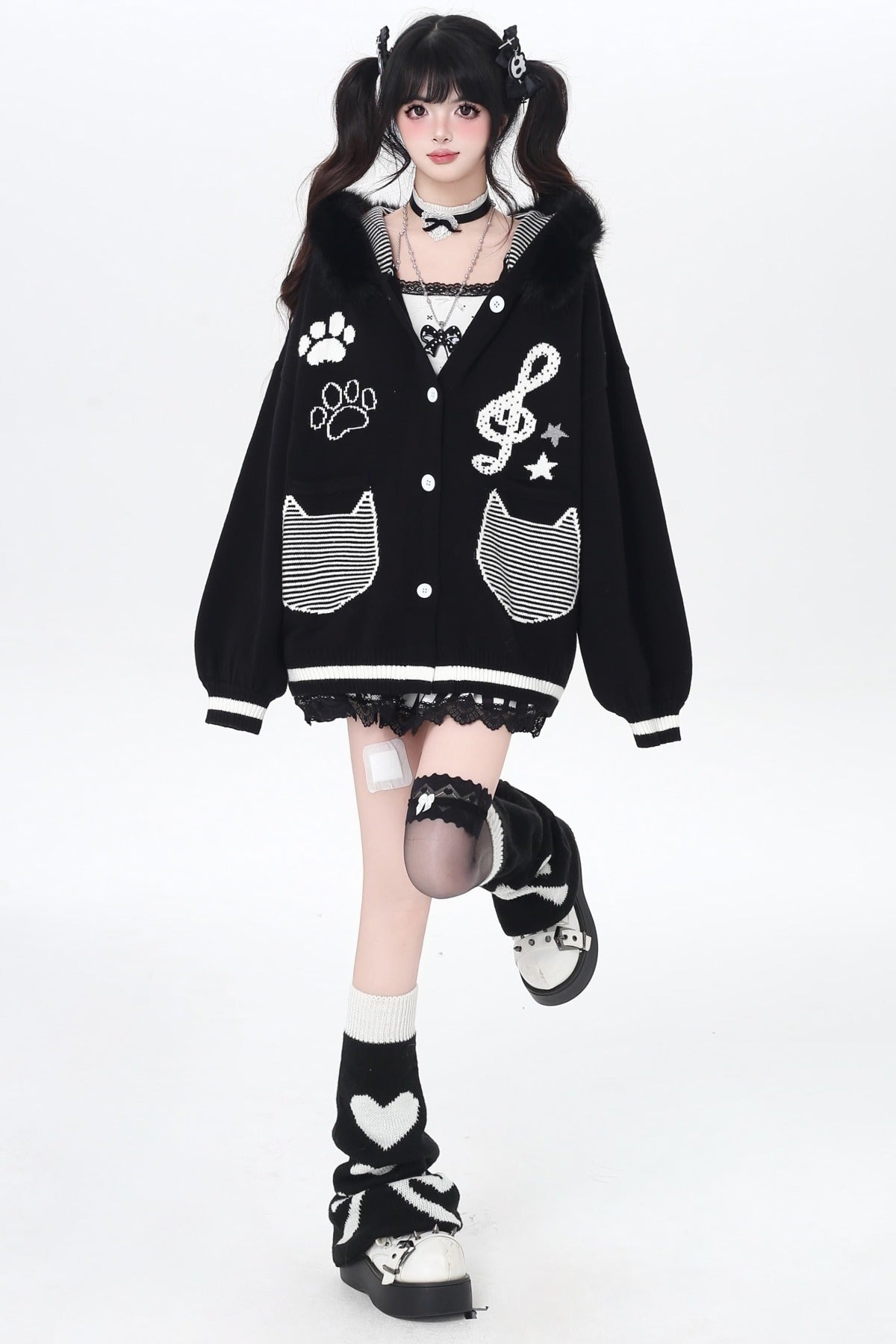 Cat Concerto Hooded Knit Cardigan