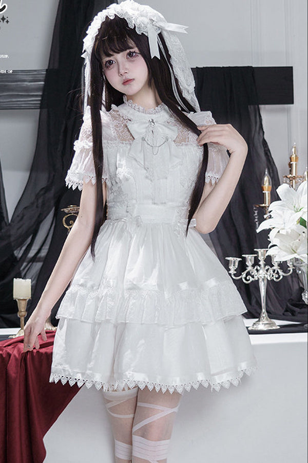 Gothic Short-Sleeve Tulle Waist Belt Dress Set-Up