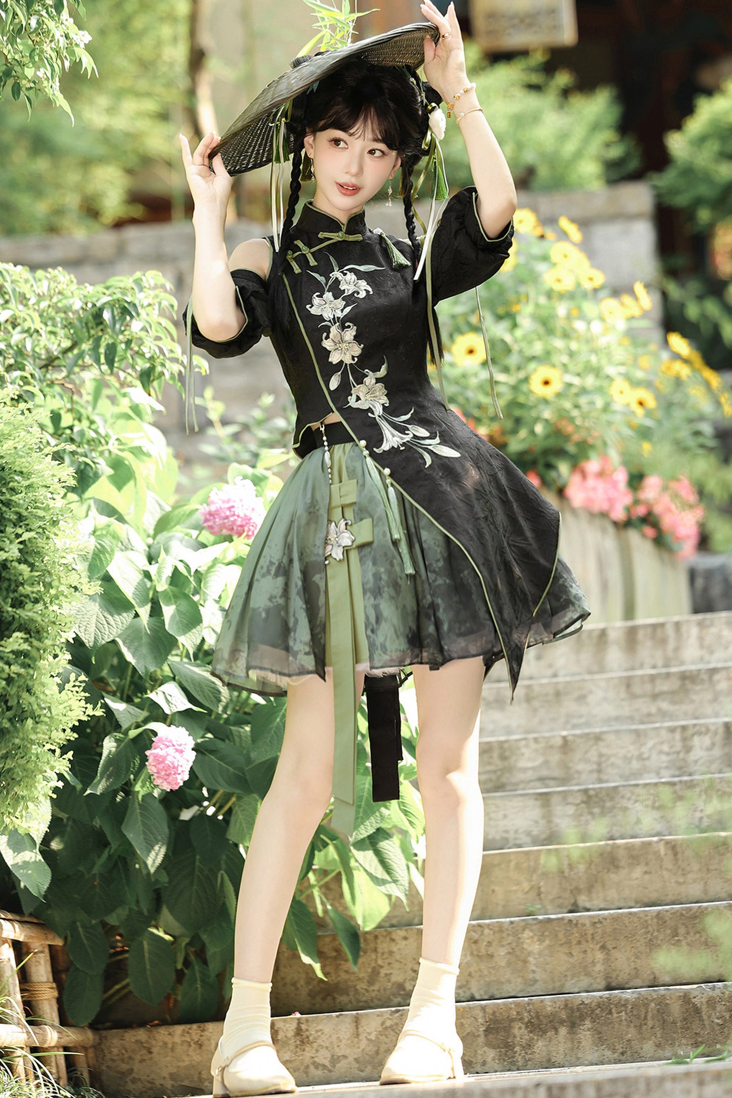 Floral Gothic Asymmetric Cheongsam Dress + Skirt