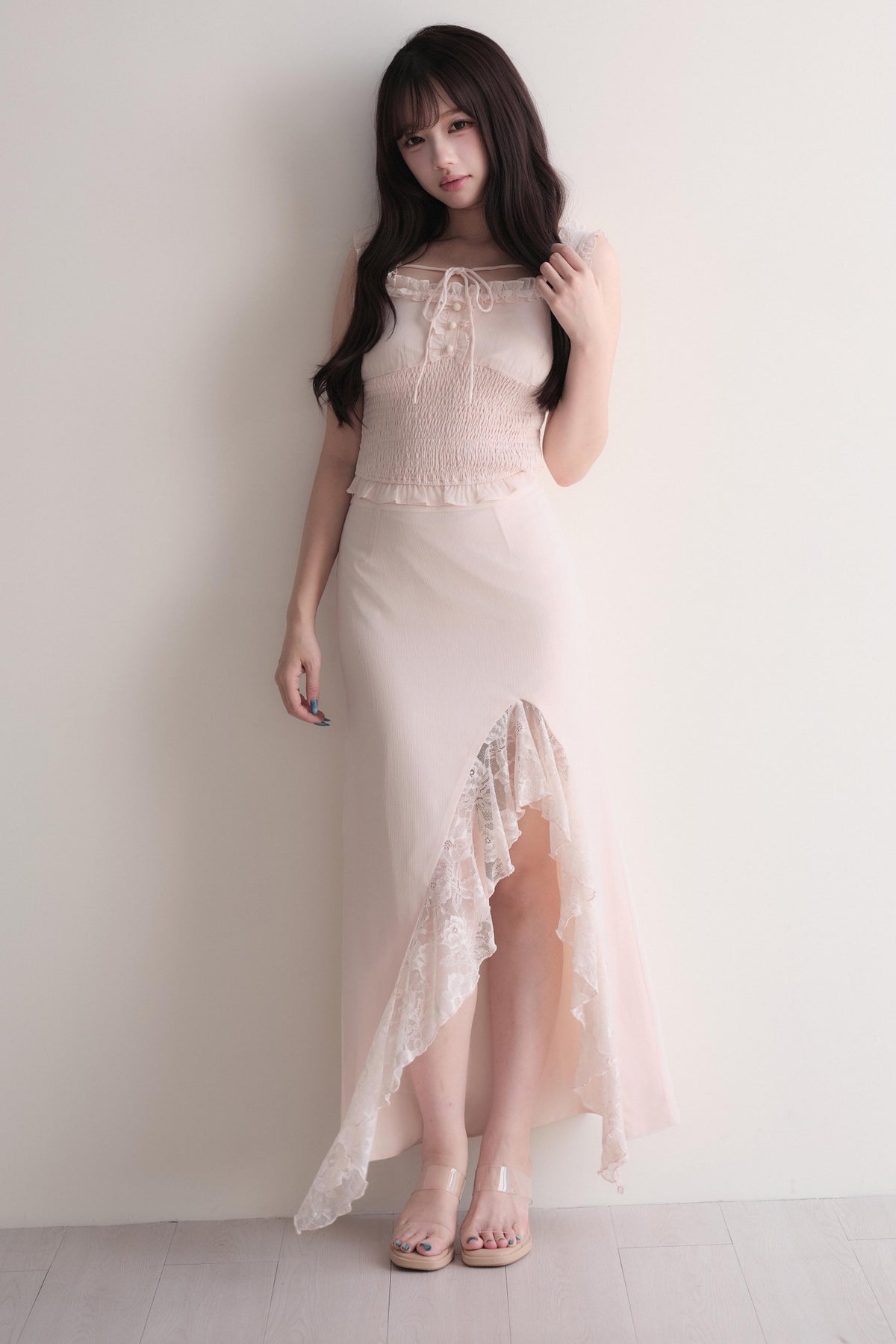 Elegant Ruffle Top & Lace Slit Skirt Set