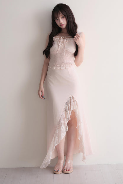 Elegant Ruffle Top & Lace Slit Skirt Set