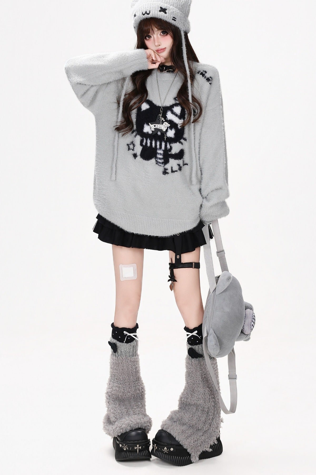 Cat Jacquard Loose Knit Pullover Sweater