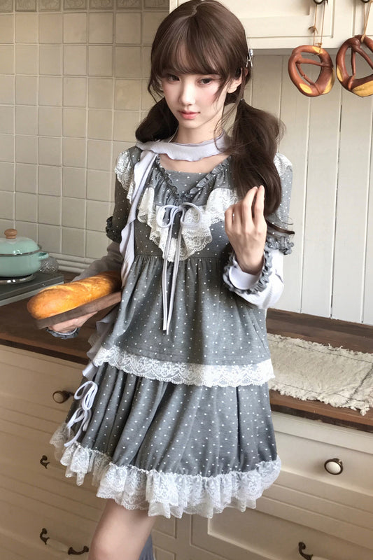 Gray Polka Dot Lace Trim Top and Skirt Set