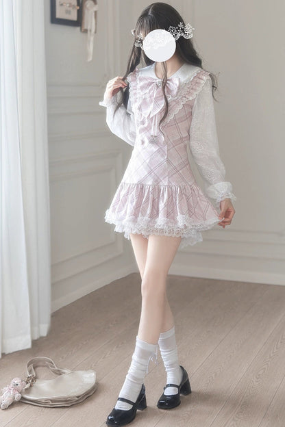 Pink Plaid Sweet Girly School Uniform Dress Set