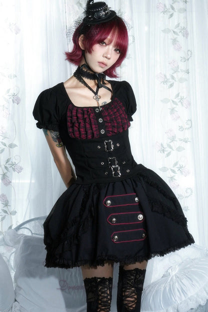 Original from Jiuyu Market: Black and Red Plaid Puff-Sleeve Knit Top with Military-Style Mesh Cake Skirt Set