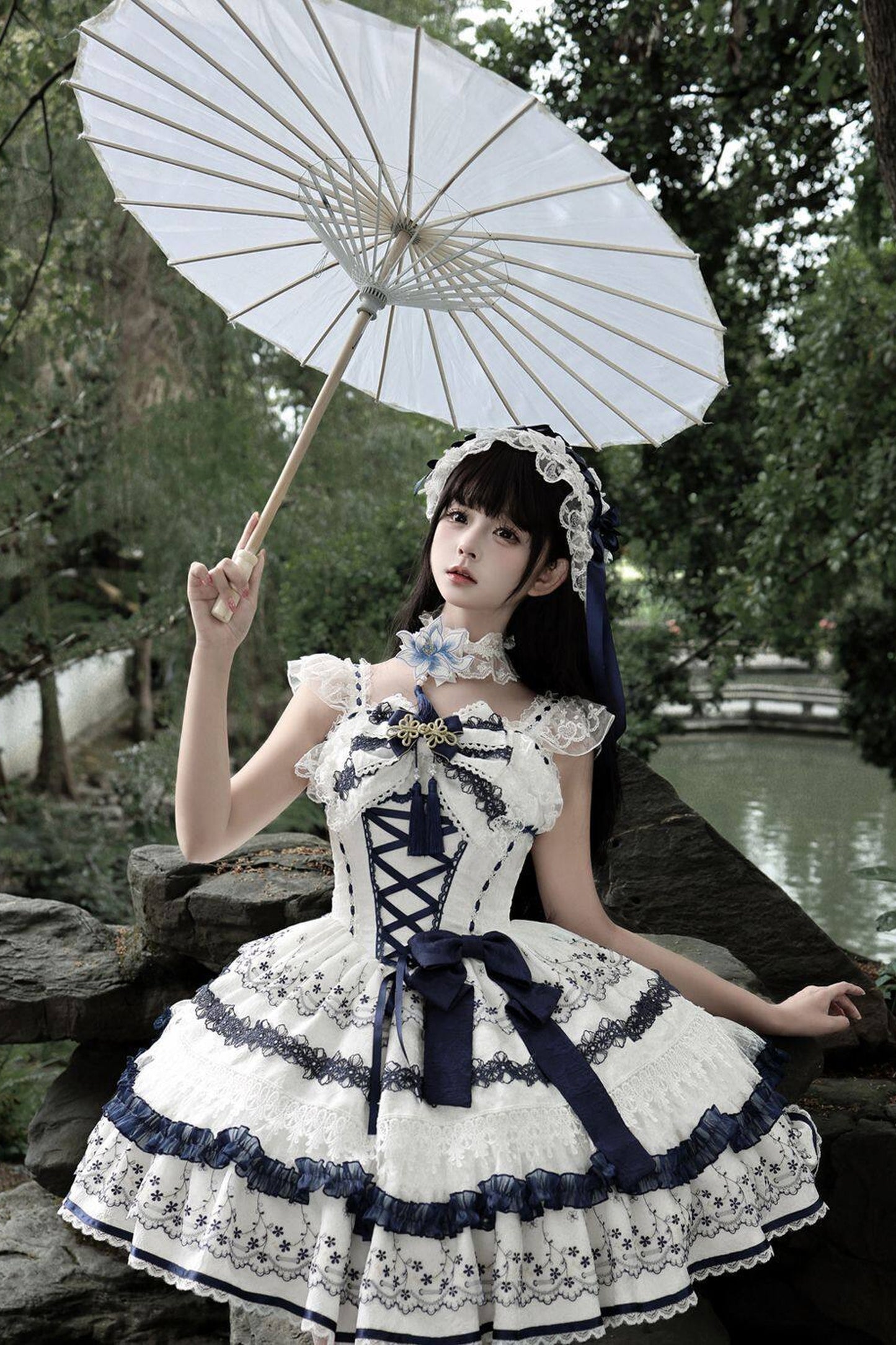 Blue and White Porcelain Jsk Suspender Dress