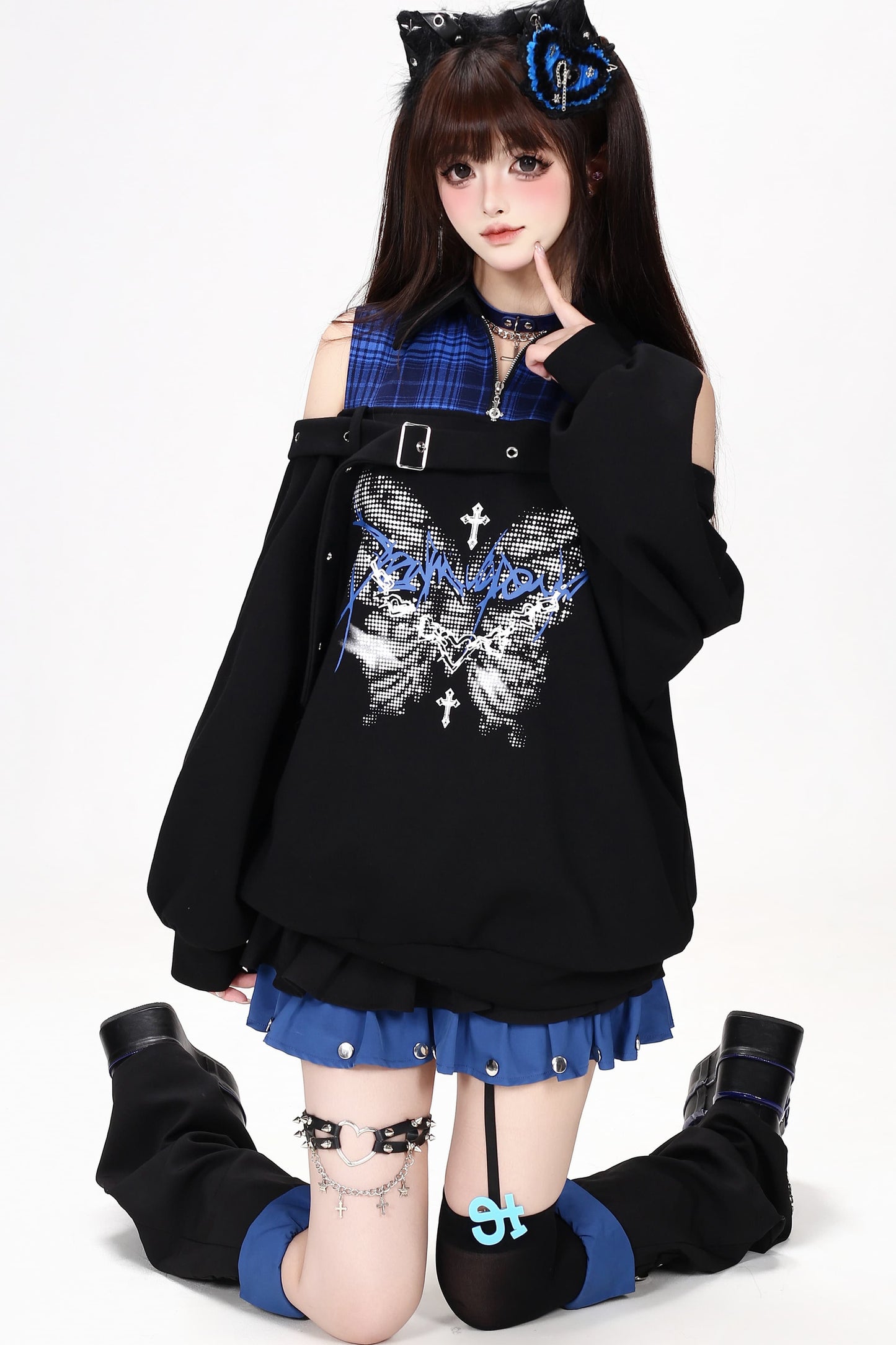 Plaid Butterfly Print Loose Sweatshirt