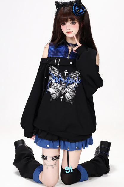 Plaid Butterfly Print Loose Sweatshirt