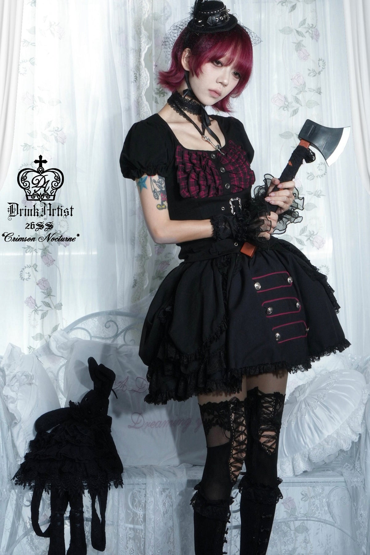 Original from Jiuyu Market: Black and Red Plaid Puff-Sleeve Knit Top with Military-Style Mesh Cake Skirt Set