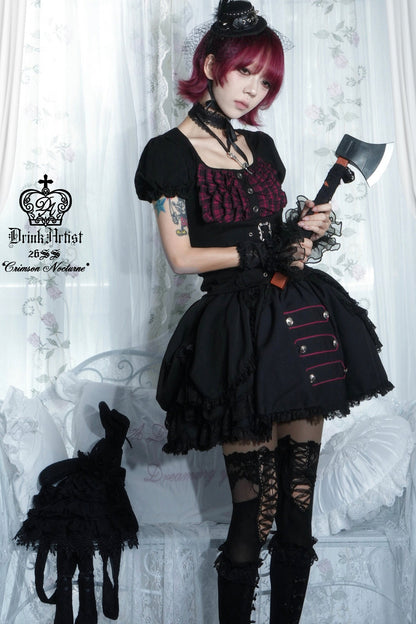 Original from Jiuyu Market: Black and Red Plaid Puff-Sleeve Knit Top with Military-Style Mesh Cake Skirt Set