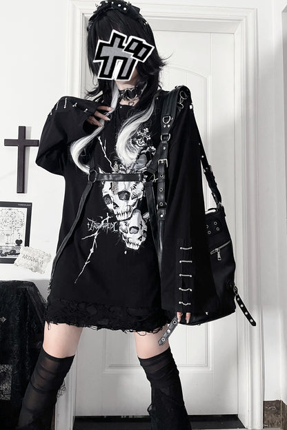Belt Spliced Subculture Print Long-Sleeve T-Shirt