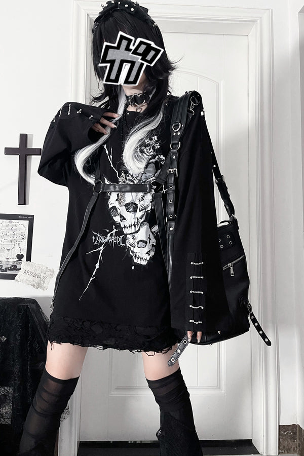 Belt Spliced Subculture Print Long-Sleeve T-Shirt