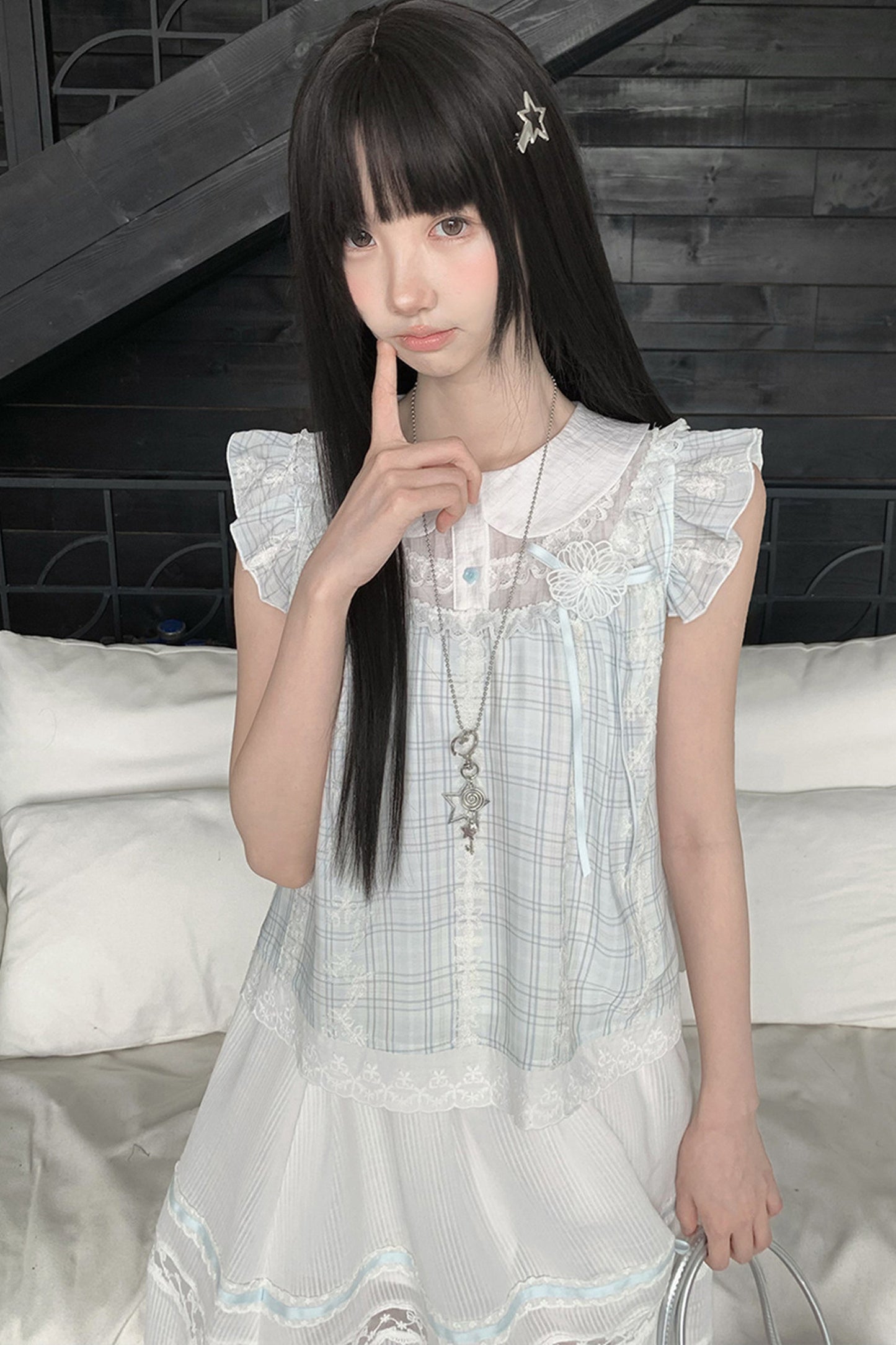 Light Blue Plaid Loose Doll Top and Skirt Set-Up