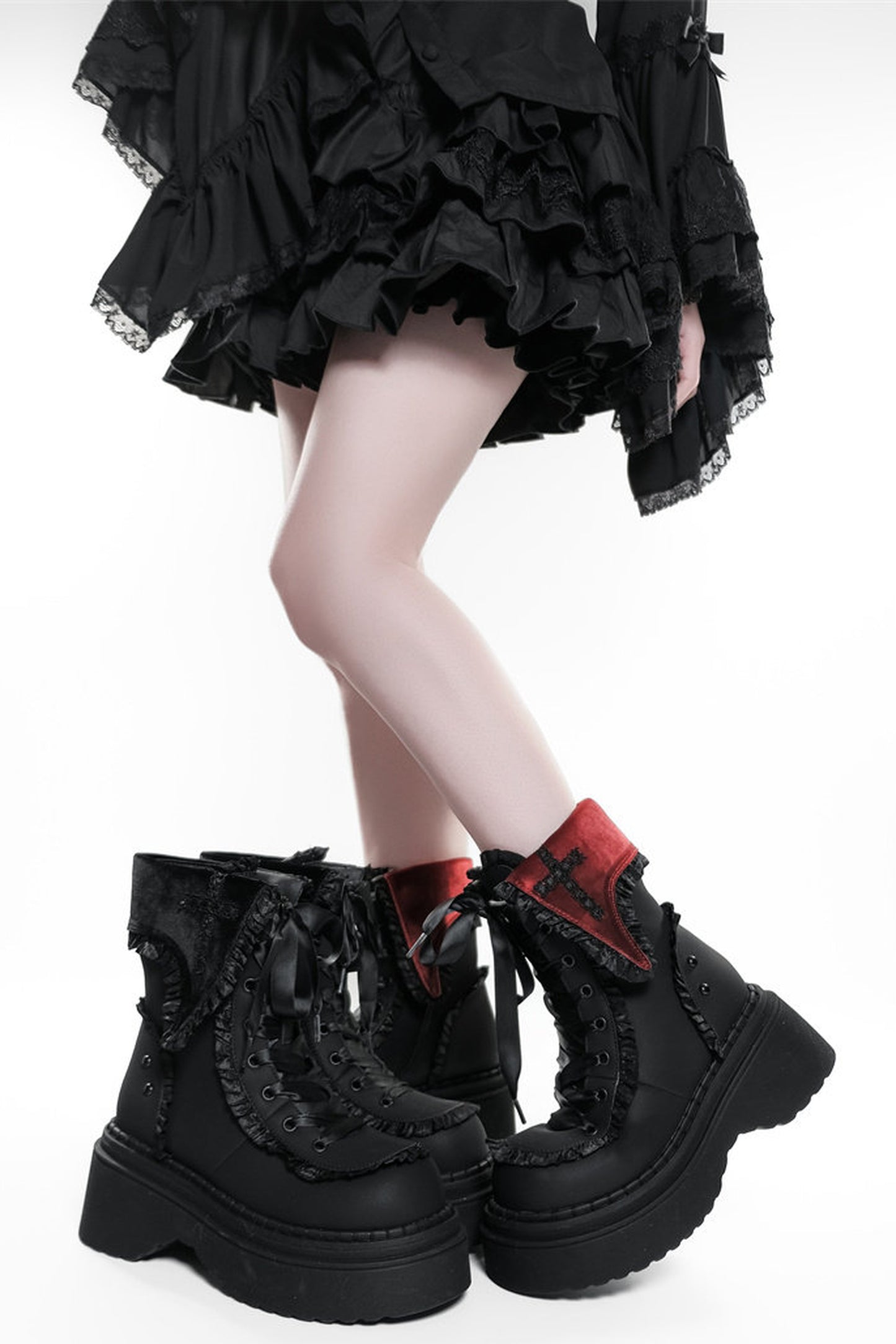 Gothic Cross Flip-Top Round-Toe Platform Boots