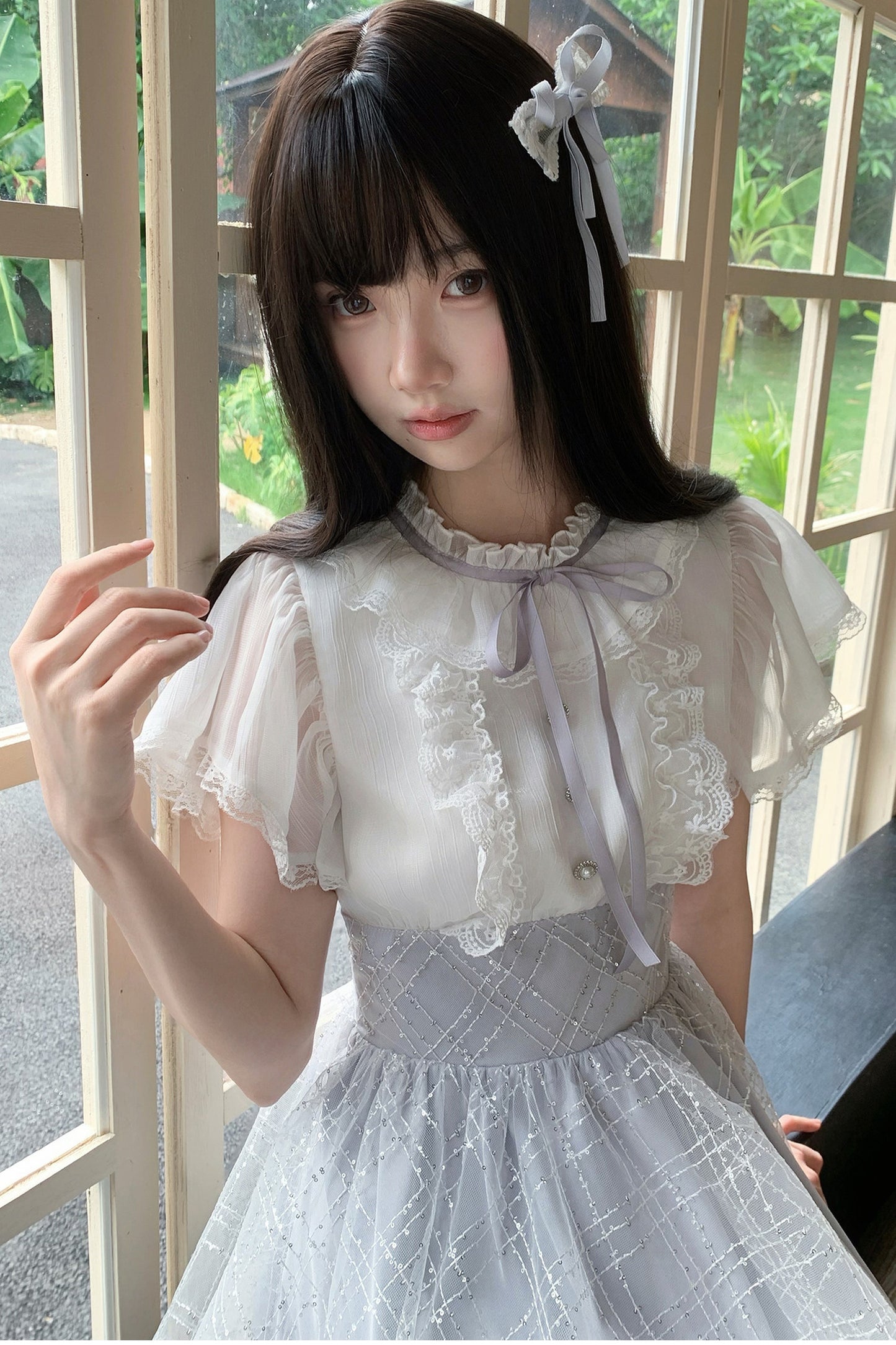 パールボタンレースティアードワンピース