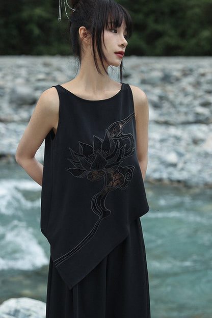 チャイナ風花刺繍ルーズタンクトップ