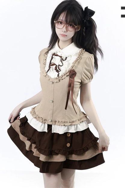 Rose Brown Lace Knit Top + Skirt