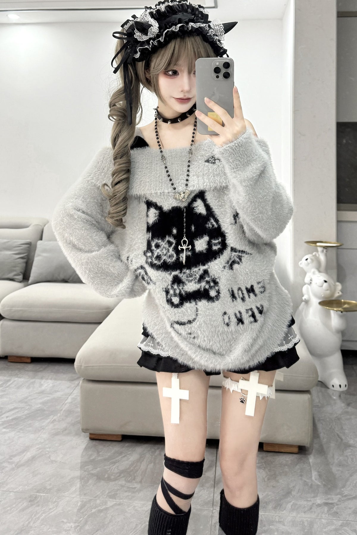 Cat Off-Shoulder Sweater