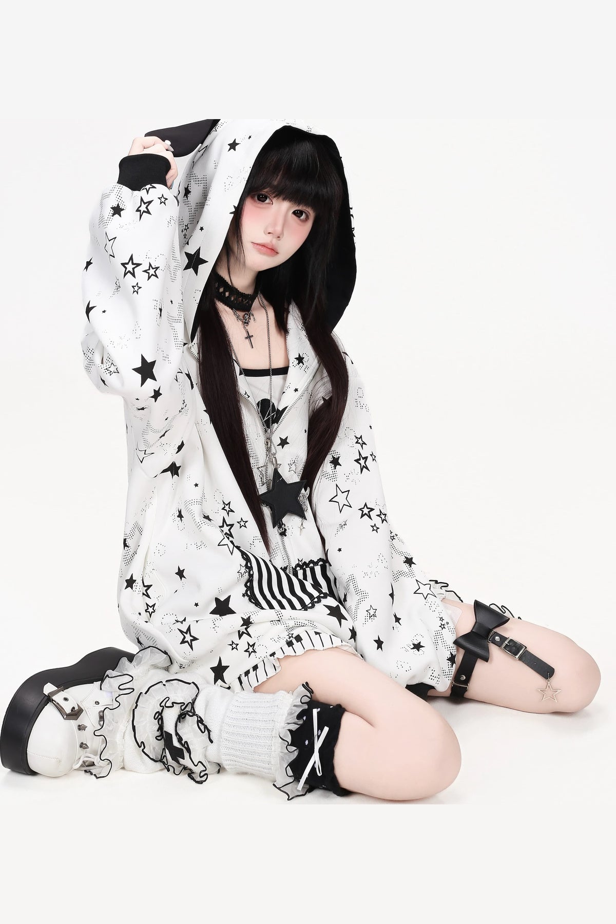 Star Print Hooded Sweatshirt Jacket